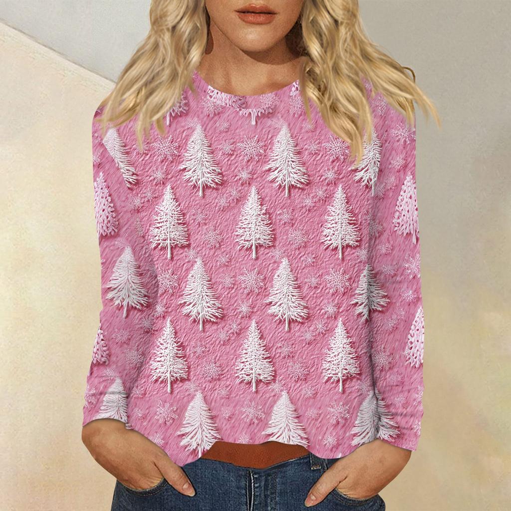 Women's Fashion Casual Christmas Printed Round Neck Long Sleeve Pullover Top