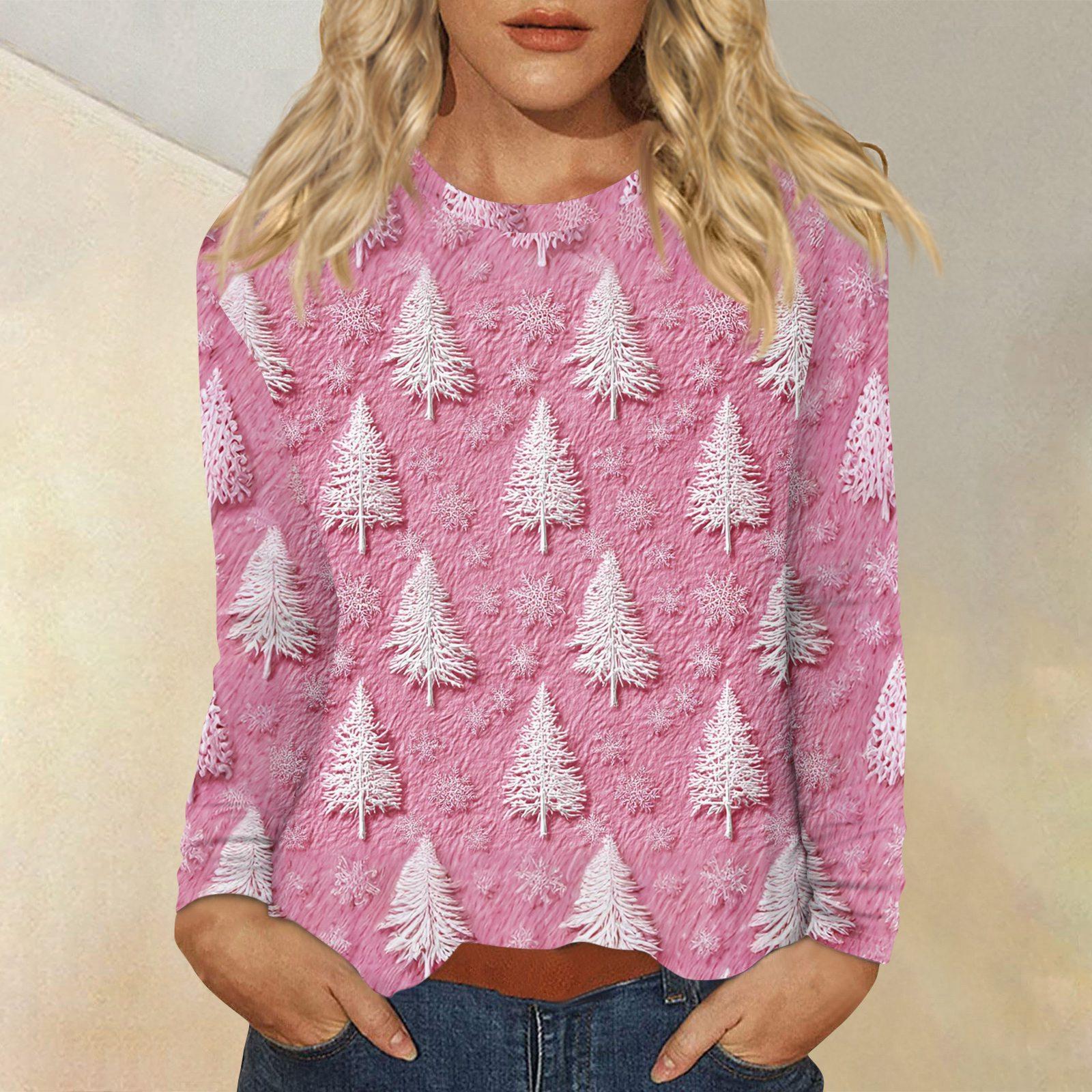 

Женская мода повседневный рождественский принт круглый вырез длинный рукав пуловер топ S розовый