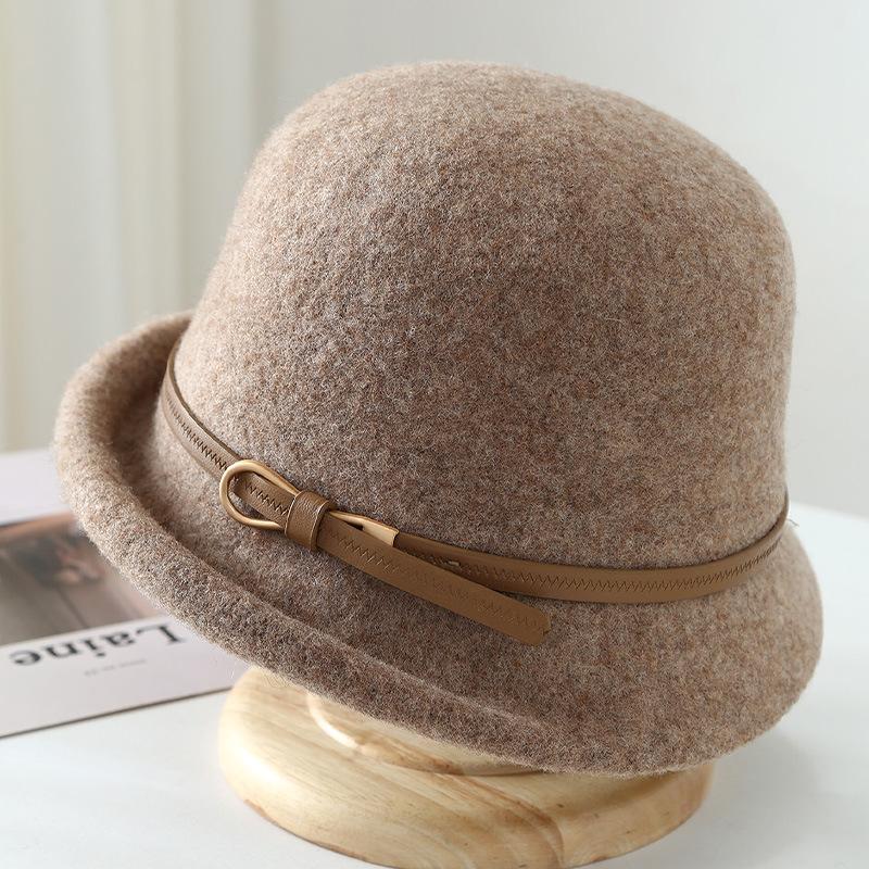 Autumn and winter new temperament elegant middle-aged and elderly bucket hat turned brim wool leather buckle basin hat fashionable and simple mother h