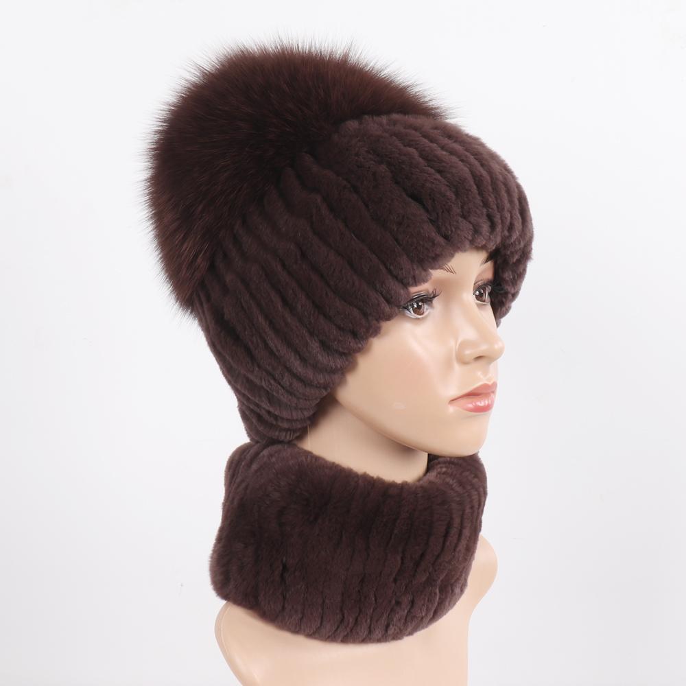 New Women Winter Luxury Real Rex Rabbit Fur Hat Scarf 2 Pieces Knitted Rex Rabbit Fur Hat Top Natural Fox Fur Cap Scarves Sets