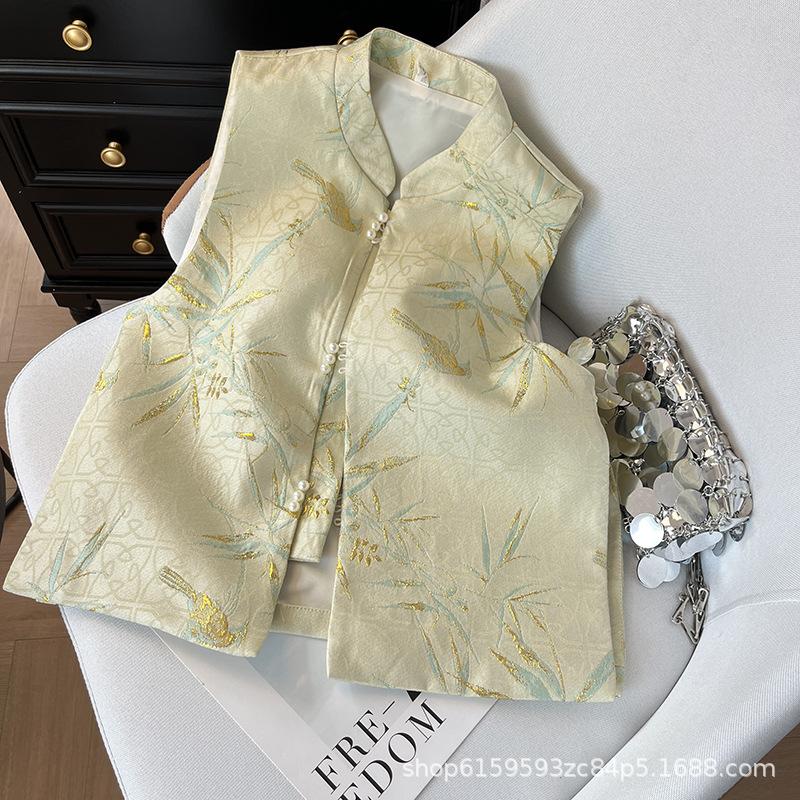 Jacquard bronzing bamboo leaf flower retro style vest 2025 new stand-up collar disc buckle jacquard vest