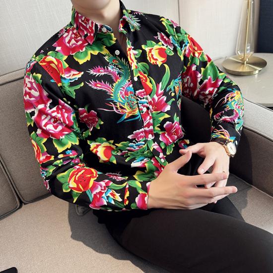 2024 Severovýchodní Velký Květinový Design Pánská Košile Čínský Styl Košile s Dlouhým Rukávem Knoflíkové Topy Trend Streetwear Ležérní Oversize Pánská 8XL