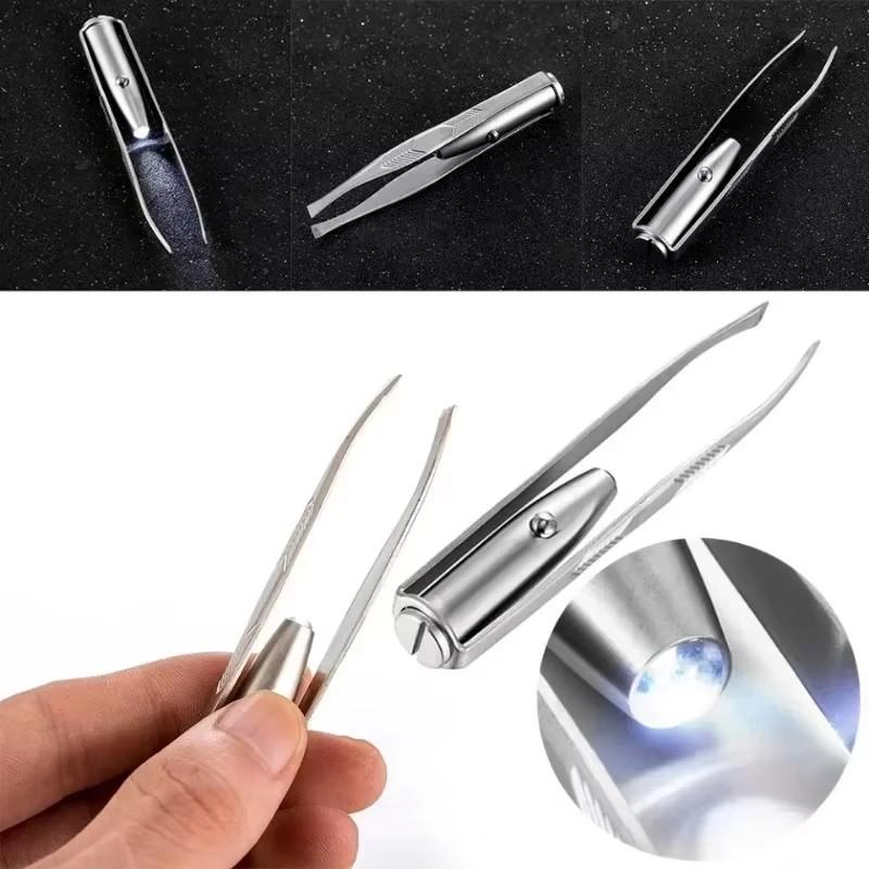 Edelstahl Make-Up LED Licht Slant Tip Haar Entfernung Wimpern Augenbrauen Pinzette Make-Up-Tool mit Batterie