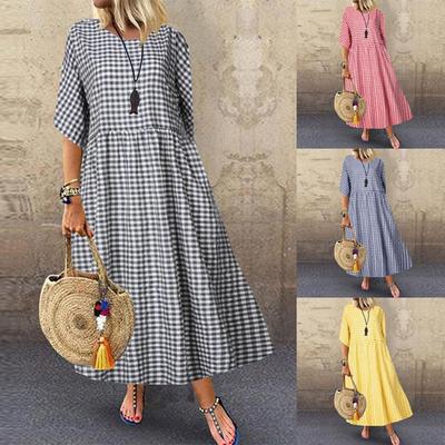 Plaid Long Dress S-5XL Crew Neck Half Sleeve Casual Autumn Women Long Dress Vestidos