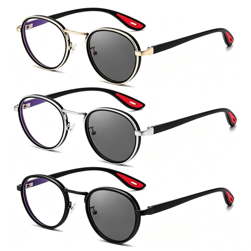 Unisex Retro Round Metal Sunglasses with Photochromic Anti-Blue Light Lenses