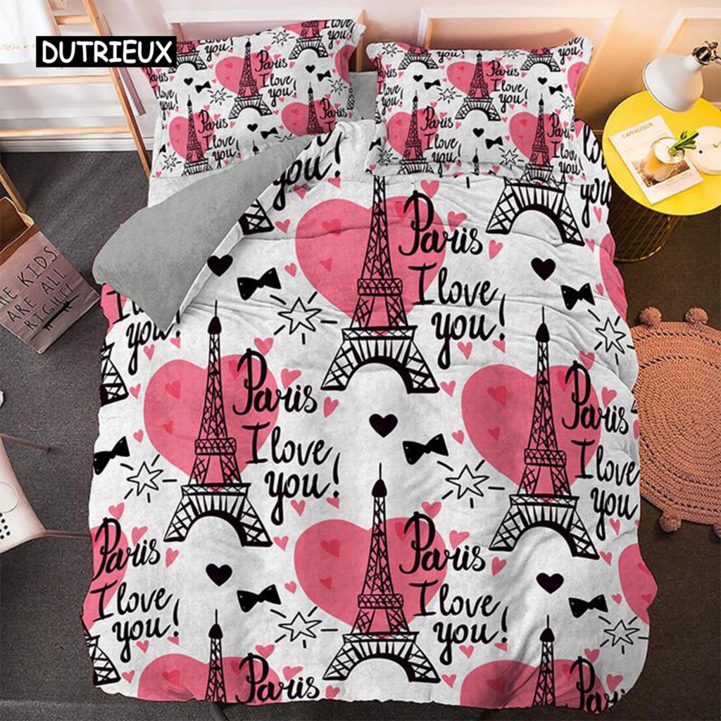 Eiffel Tower Duvet Cover Set Microfiber Paris Theme World Famous Architecture I Love Paris Pattern Bedding Set for Girls Woman