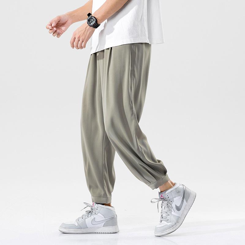 Spring and summer pants men's ice silk trousers trendy casual pants loose straight pants nine-point sweatpants versatile