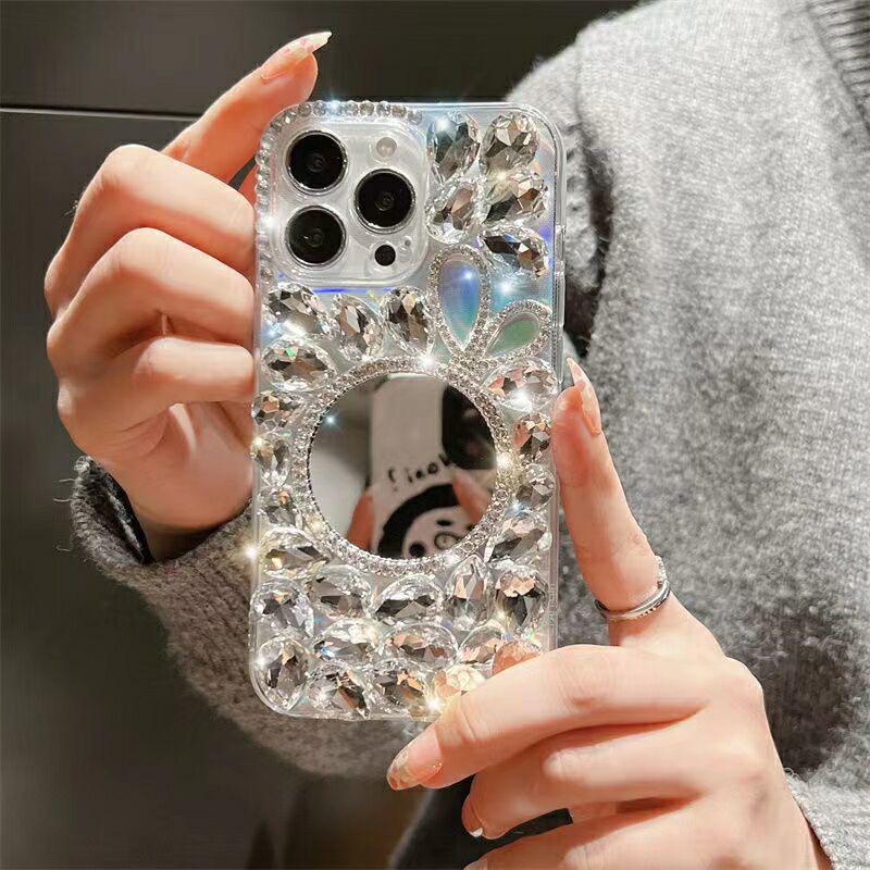 

Rabbit Ear Round Mirror Mobile Phone Case For Iphone16Promax Apple 17 Full Diamond Luxury 15 Rhinestone Women S Model iPhone 7/8/SE 2020