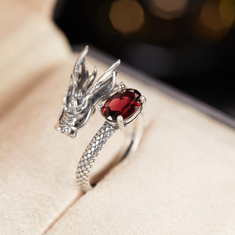 Drachenring S925 Sterling Silber Ring Herren- und Damenring Vintage Thailändisches Silber Offener Ring Nischen-Ohrringe