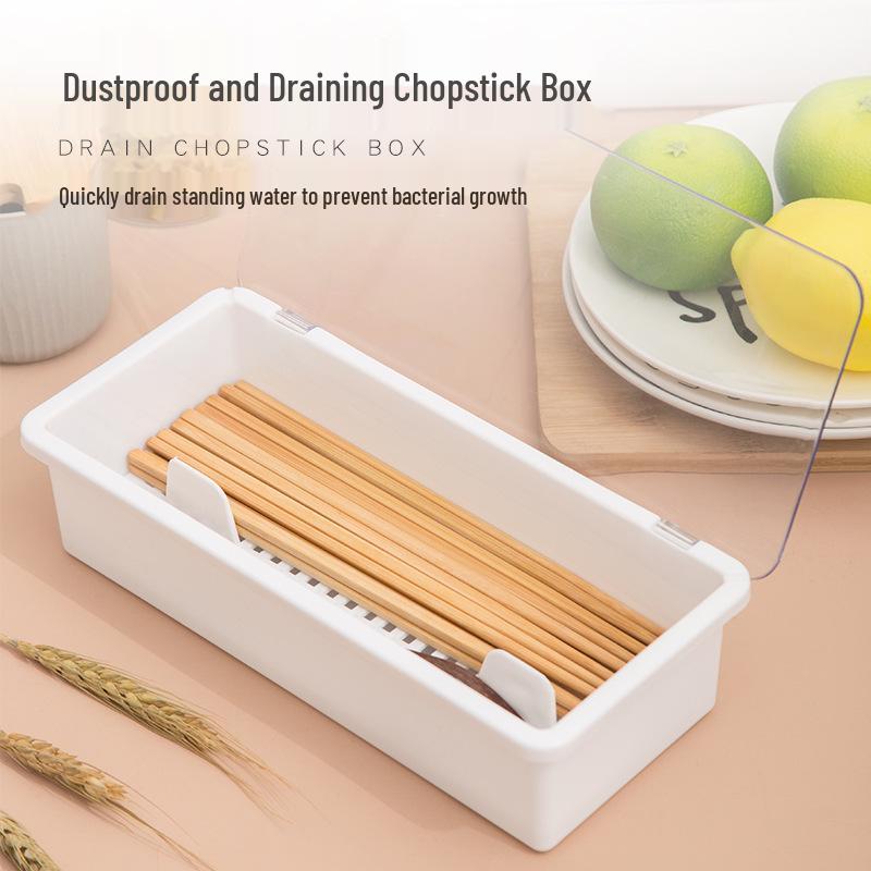 Durable Dustproof Tableware Storage Box - Sleek Plastic Chopsticks Holder Gray Blue