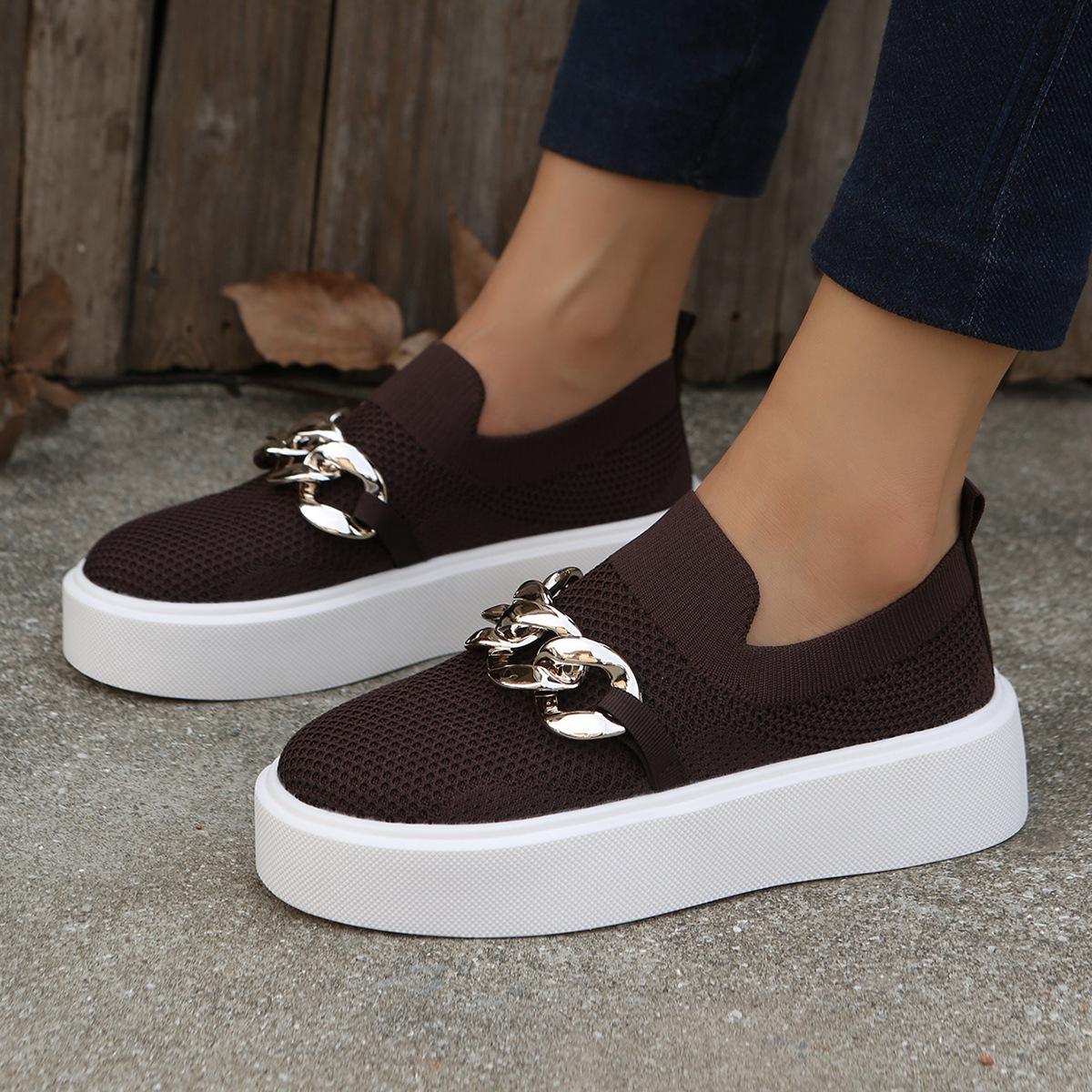 

Foreign trade large size single shoes women s 2025 spring and autumn new thick-soled shallow-mouth knitted mesh chain outer wear casual women s shoes 43 темно-коричневого кольору