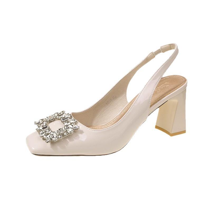 Spring 2025 new French thick heel non-slip high heels rhinestone square head empty bag head sandals women
