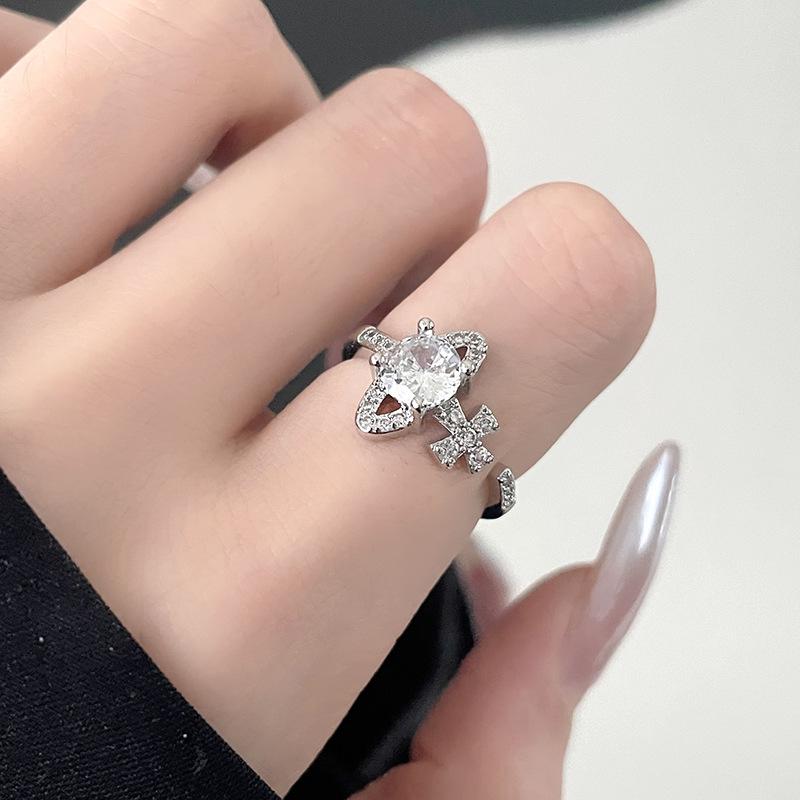 Saturn Ring Zircon Alphabet Hollow Personality Delicate Geometric Diamond-Set Planet Niche Design Open Ring Ring Female