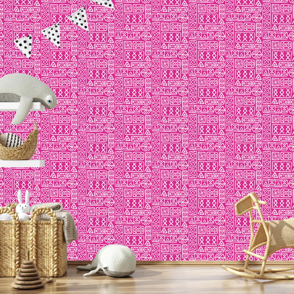 Polynesian Geometric Pattern Wallpaper Powder Pink and Purple 50x1000