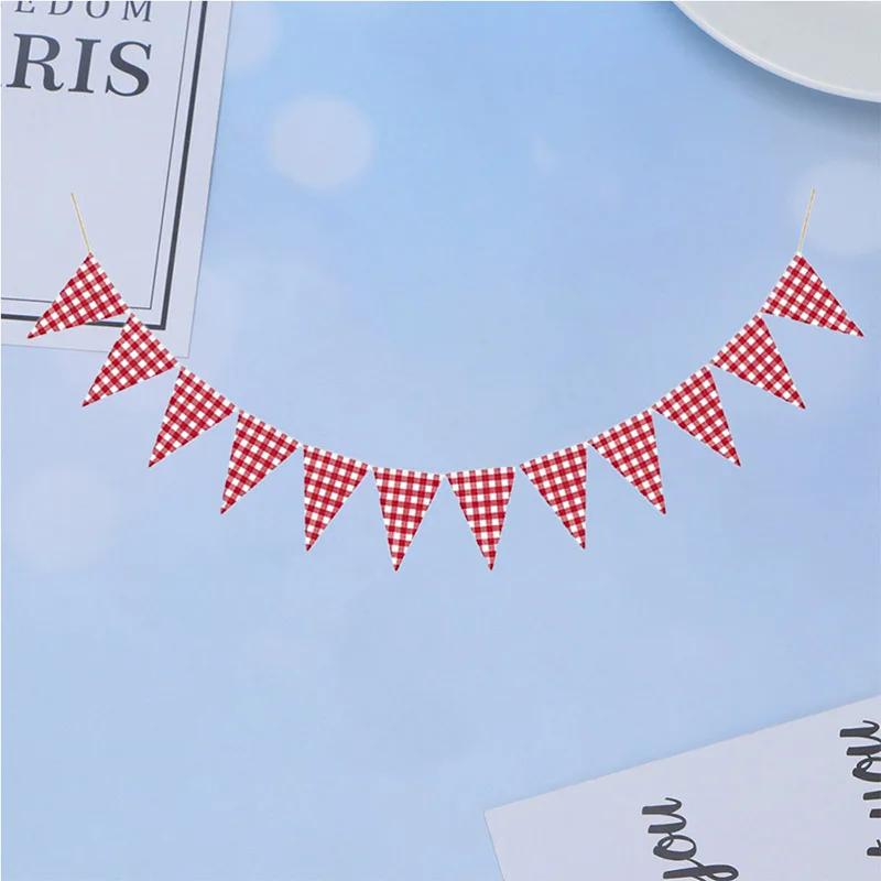 Tecido Vermelho Branco Xadrez Triângulo Bandeira Bandeirola Guirlanda Casamento Aniversário Carnaval Piquenique Festa ao Ar Livre Decoração de Bandeirolas