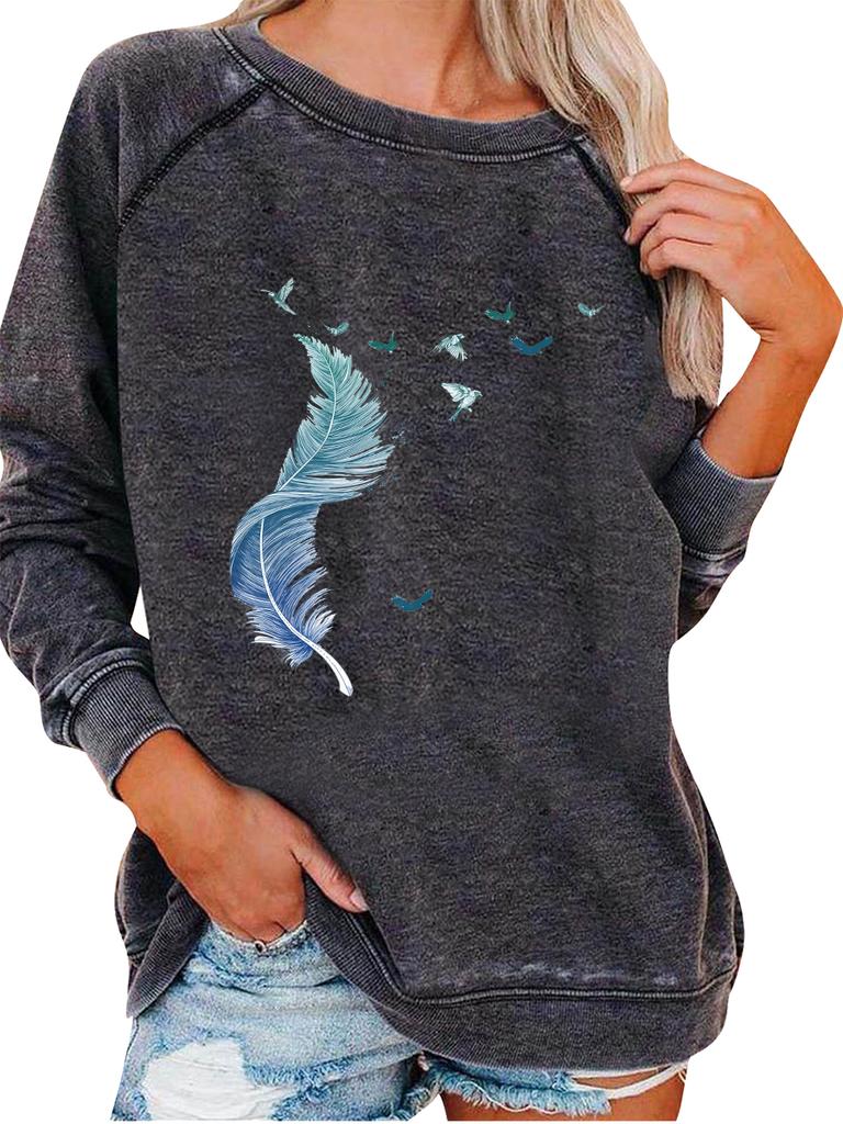 Ladies Spring/Fall Sweatshirt Women's Oversized Pullover Sweatshirt Fashion Feather Print Top