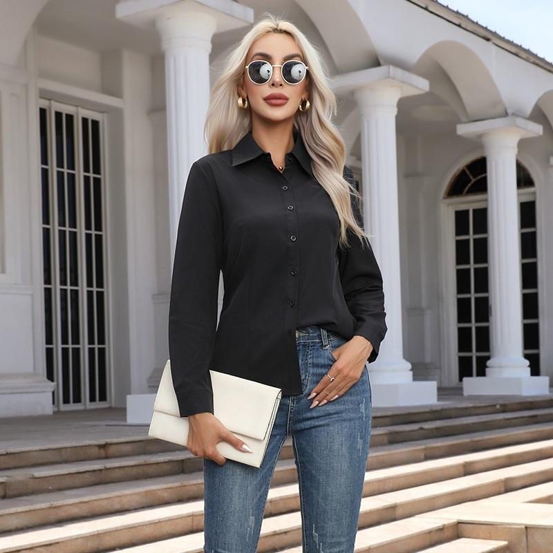 Women s Classic Long Sleeve Button Down Shirt Casual Office Blouse Top 4XL чёрный