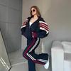 Amazon Cross-border Fashion Casual European and American Suit Women's Long-sleeved Striped Contrasting Zipper Cardigan Lace-up Pants Two-piece Set