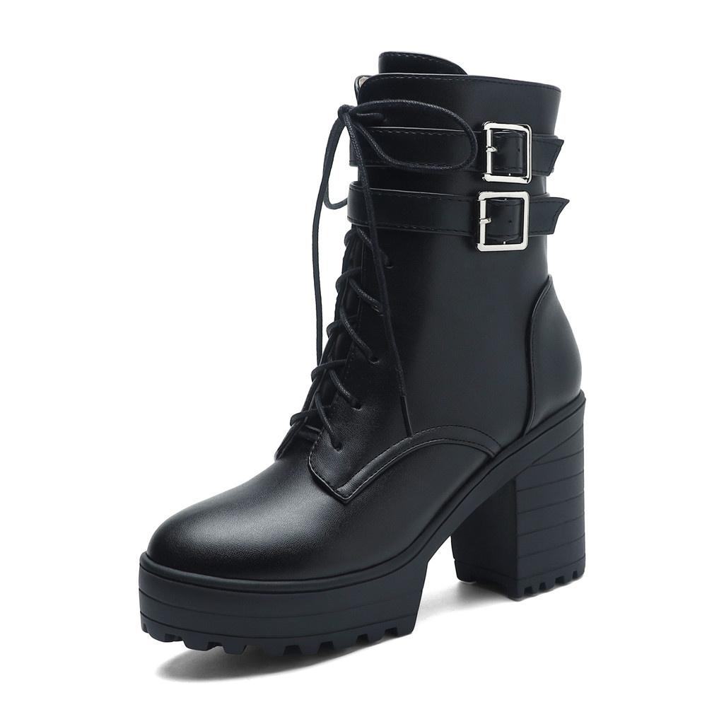 

Осенне-зимняя обувь Женские мотоциклетные ботинки Женские ботинки Стильные женские ботильоны На платформе с высоким каблуком Сексуальные Ботинки Пряжка Белые 43