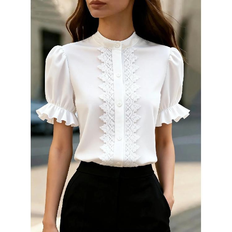 2026 New Summer Stand Collar Lace Patchwork Puff Sleeve Short Sleeve Shirt for Women