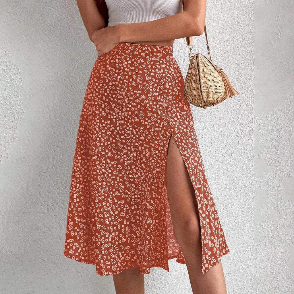 Ditsy Floral Boho Skirt for Women with Slit Summer High Waisted Flowy Midi Skirt Casual A-Line Split Beach Skirt