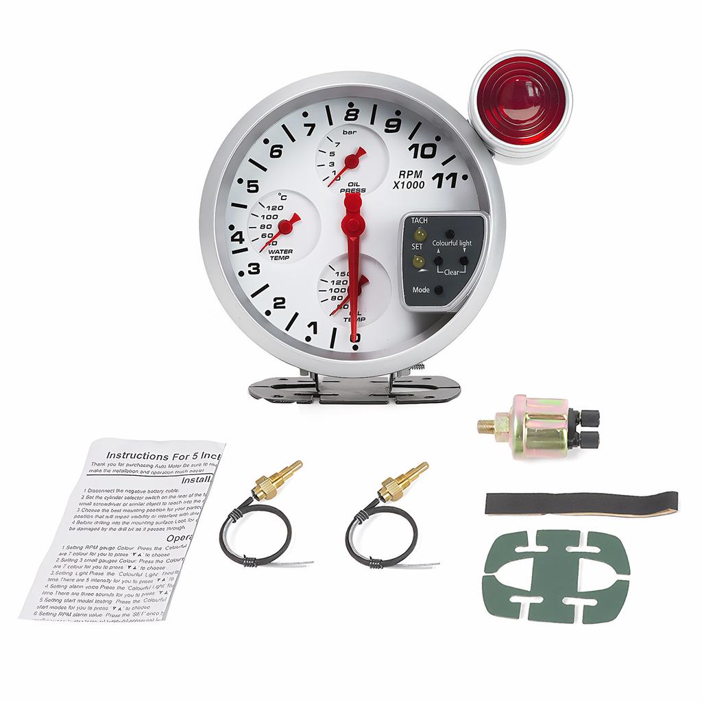 12V 5" Car Gauge 4-in-1 Tachometer Water Temperature Oil Temperature Oil Pressure Gauges Multifunctional Gauge Alarm Function
