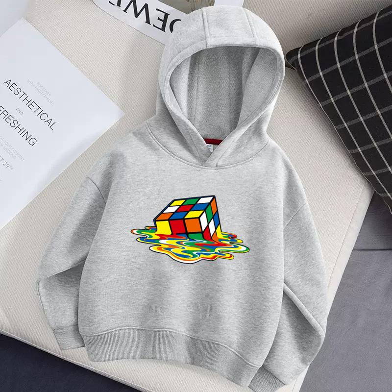 Children's Autumn Hoodie Rubik's Cube Pattern Hoodie, Magic Cube Printed Fashion Versatile Style Girls' Top
