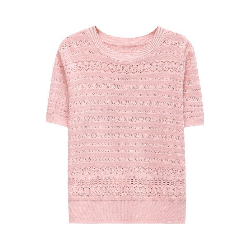 Short Sleeved Knitted Shirt for Women Round Neck Short Jacquard Top T-shirt for Women