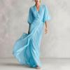 Women's Sheer Chiffon Puff Sleeve Wrap Dress Elegant Floor Length Evening Gown with Flowing Silhouette and Draped Waist Detail