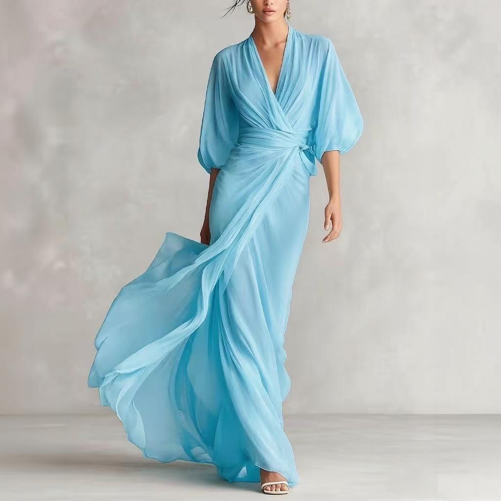 Women's Sheer Chiffon Puff Sleeve Wrap Dress Elegant Floor Length Evening Gown with Flowing Silhouette and Draped Waist Detail
