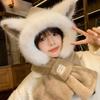 Autumn and winter new warm plush scarf hooded plush thickened cute bear hat scarf integrated two-piece set for women