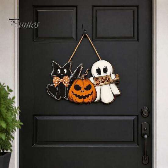 Halloween Window Display Wooden Door Sign, Pumpkin Ghost Boo Black Cat Welcome Hanging Wood Decor Sign for Trick or Treat Party Indoor Outdoor