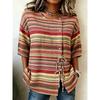 Women's Multicolor Vertical Striped Casual Blouse, Button Tie Front Loose Top with Pockets for Spring Summer Daily Wear