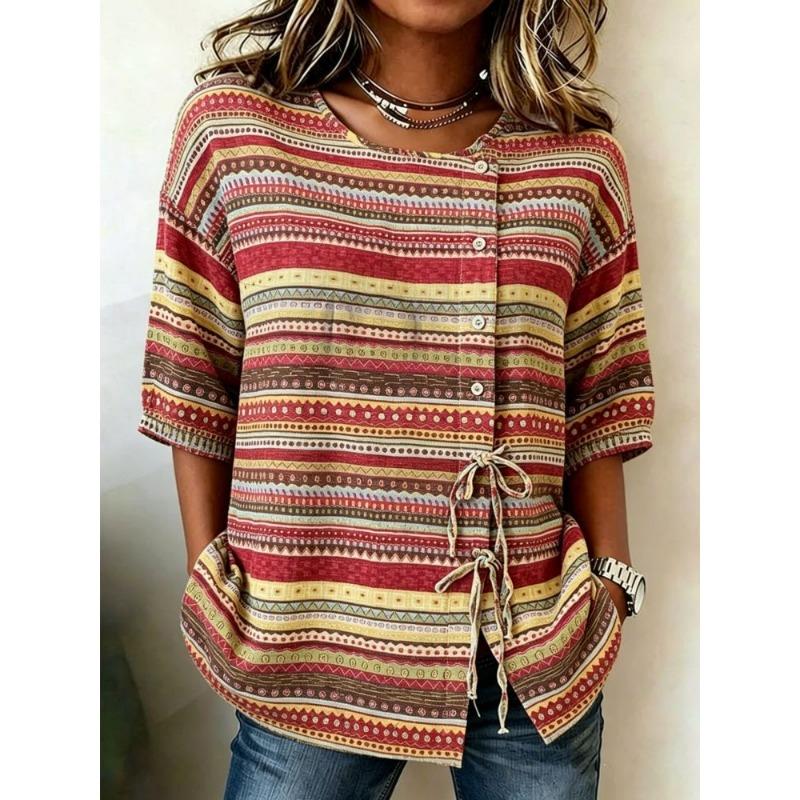 Women's Multicolor Vertical Striped Casual Blouse, Button Tie Front Loose Top with Pockets for Spring Summer Daily Wear