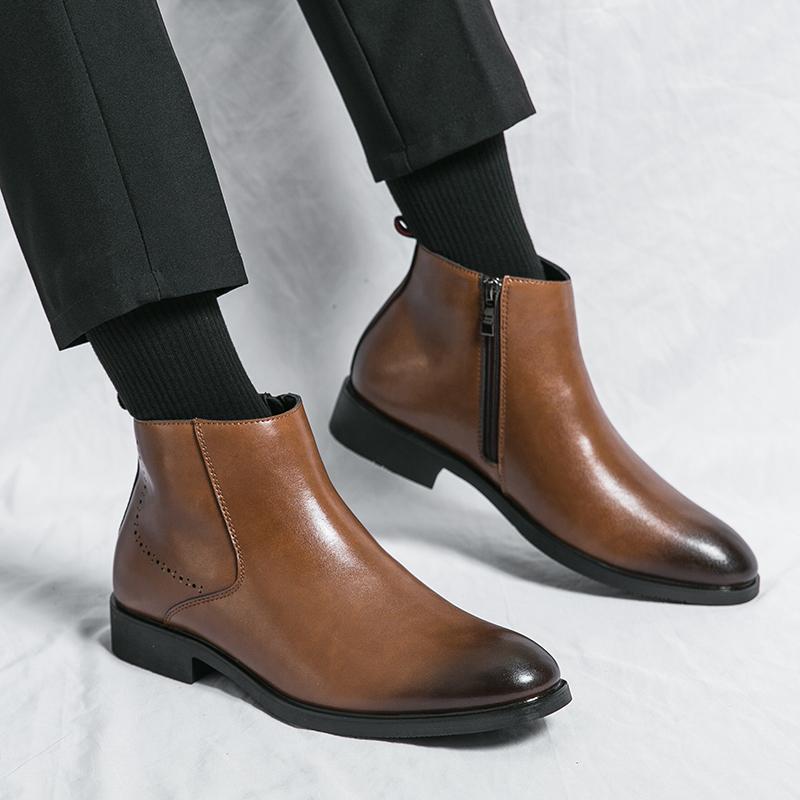 Fashion Winter Wine Red Men's Fashion Chelsea Boots Concise Genuine Leather Short Boots Classic Business ZIP Ankle Boots Black Shoes