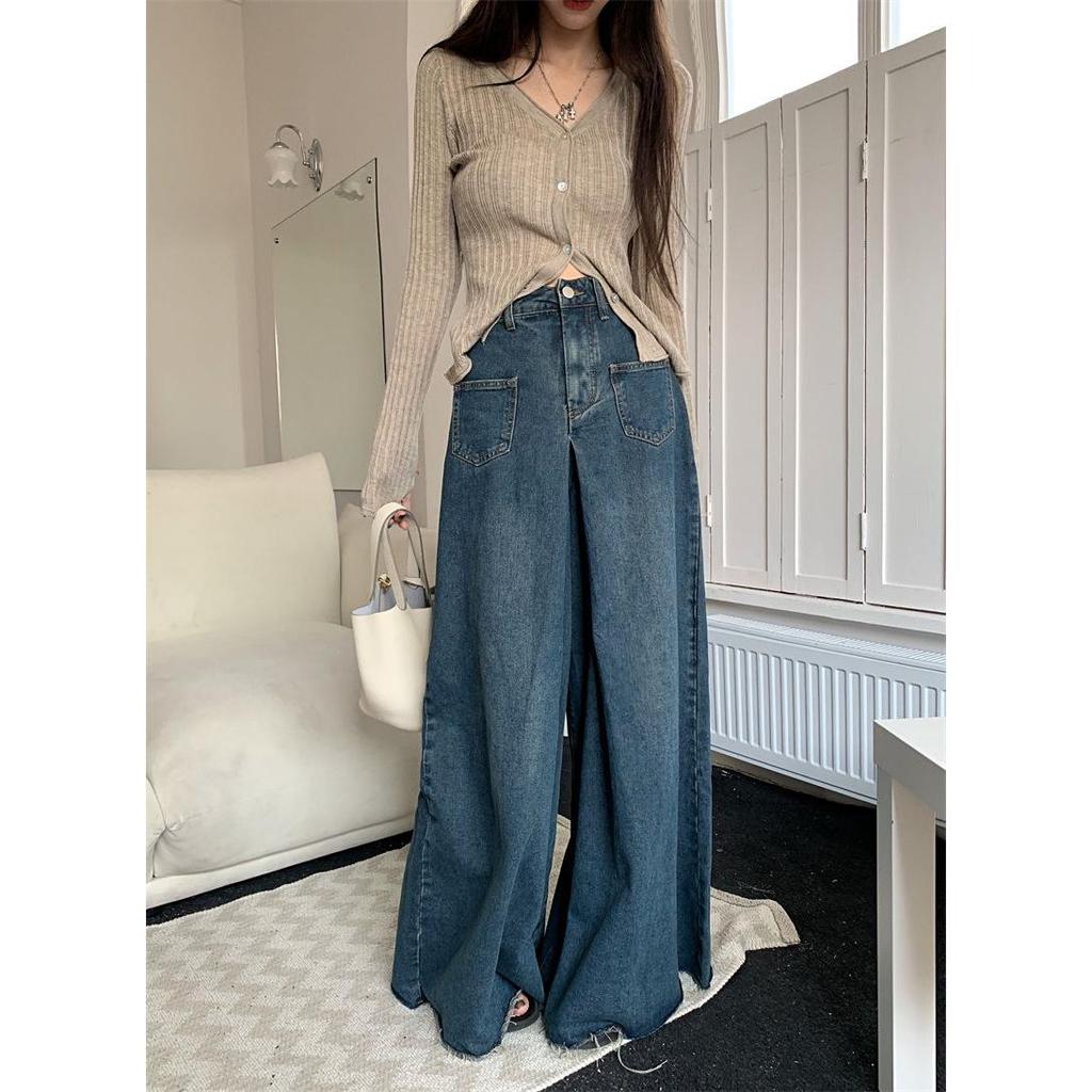 Hong Kong Style Retro Raw Edge High Waist Wide Leg Jeans for Petite Women