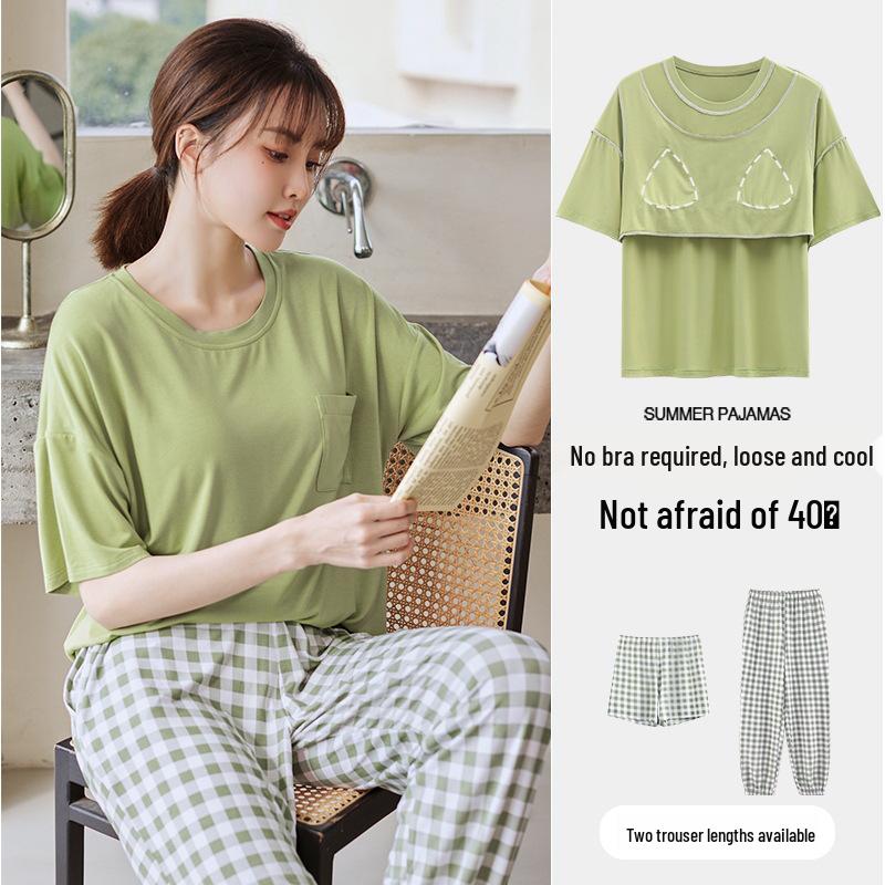 Women's Summer Three-Piece Modal Pajama Set with Bra Pads - Short Sleeve Top, Shorts, and Long Pants for Indoor/Outdoor Wear