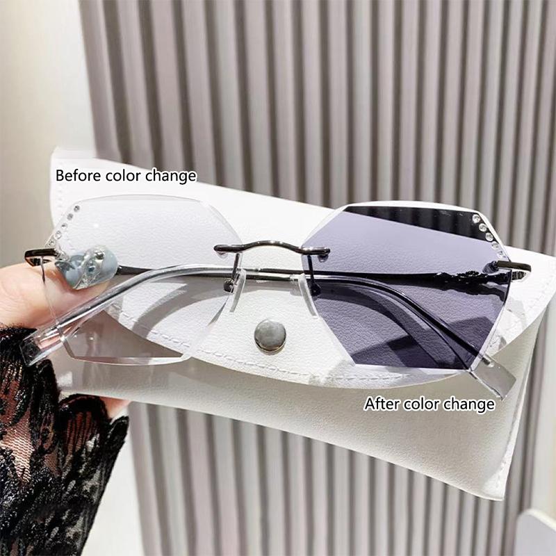 Photo-Sensitive Color-Changing Frameless Edge-Cutting Point-Drilled Anti-Blue-Light Large-Frame Near-Sighted Glasses 3318