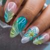 3D Green Gradient Flower Almond False Nails - Detachable, Wearable Nail Tips for European and American Styles
