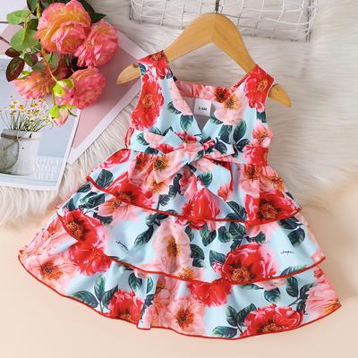 Summer New Girls' V-neck Sleeveless Flower Fashion Three-layer Cake Princess Dress