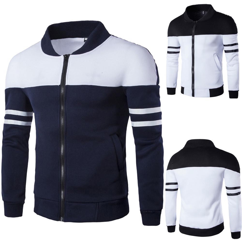 Fashion Men's Autumn Winter Zipper Sportswear Patchwork Jacket Long Sleeve Coat