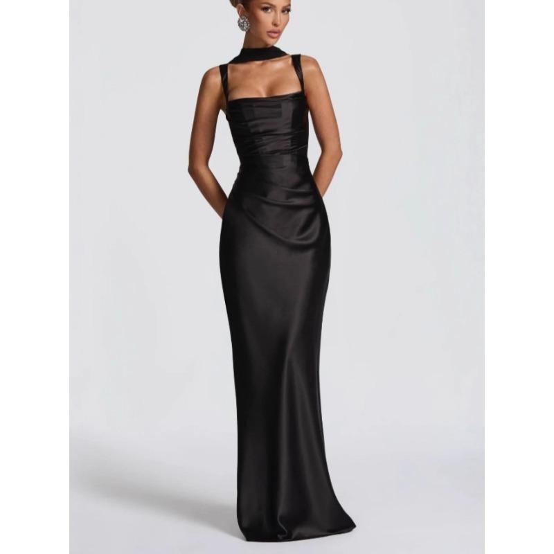 New Solid Color Temperament Strap Waist Dress Long Dress Sexy Square Collar Banquet Hip Wrap Evening Dress Fishtail Skirt