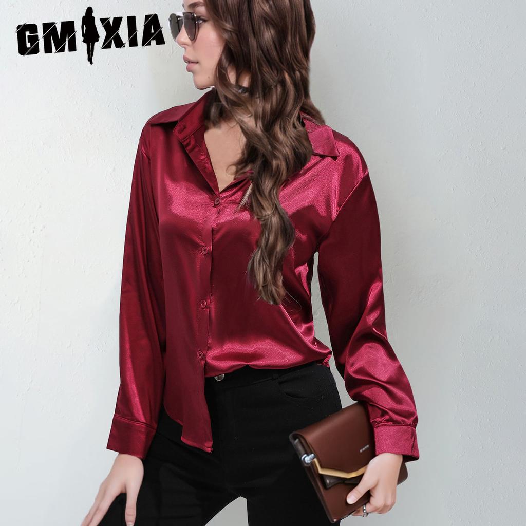 GMXIA Sateng Silkelignende Langermet Ensfarget Skjorte for Kvinner, Elegant Knappedetalj foran med Krage