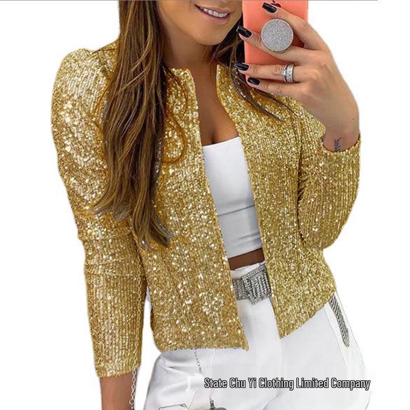 European & American Women's Spring Sequin Stand-Up Collar Versatile Jacket