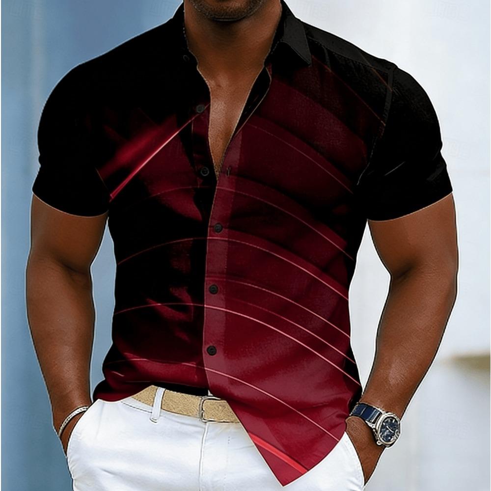 Herren Kurzarmhemd mit Farbverlauf Streifen Linien Print, Frühling Sommer Edgy Lässig Party Bluse, Lockeres Lässiges Oberteil