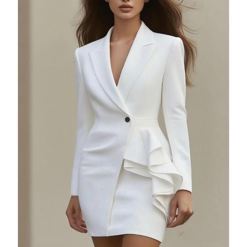 BITCED Women's Fashion Autumn Winter Solid Color Print Long Sleeve POLO Neck Casual Dresses