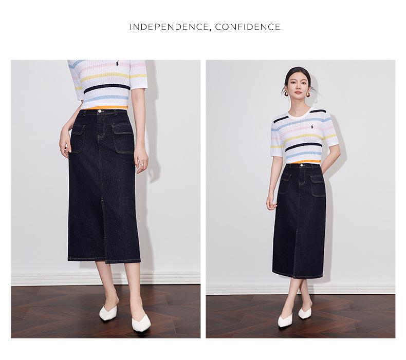 Retro Hong Kong Styl Vysoký Pas Džínová Midi Sukně s Rozparkem pro Ženy - Letní Nová Kolekce