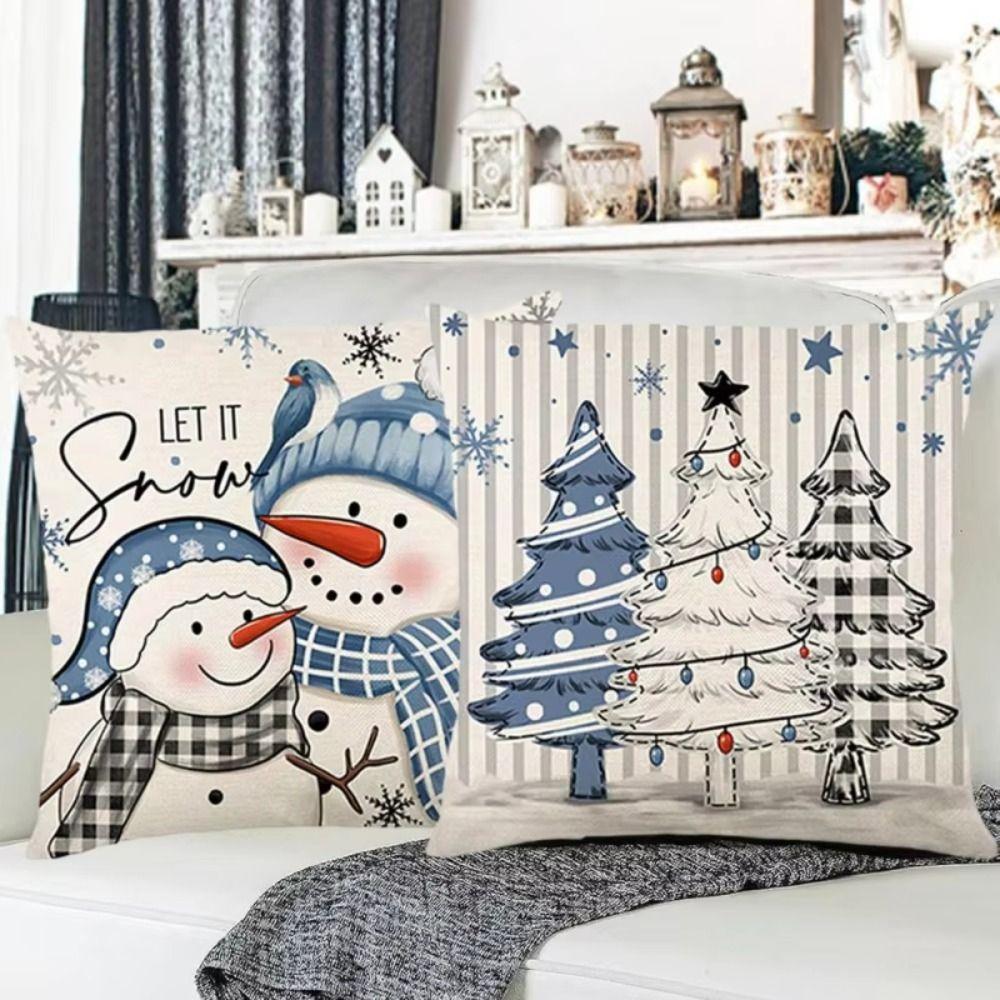 2Pcs Luxury Christmas Blue Cushion Cover Soft Snowman Pillow Shell Pillow