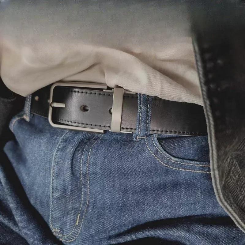 Cinto Masculino Retro de Couro de Vaca com Fivela de Pino – Cinto Casual Versátil para Jeans para Estilo Jovem e na Moda