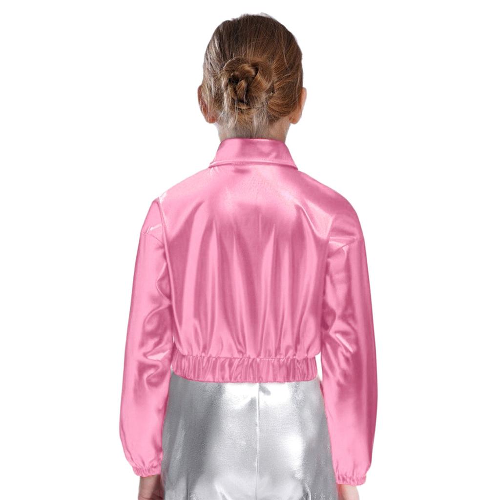 Unisex Kids Metallic Shiny Jacket Turn Down Collar Long Sleeve Flap Pockets Hip Hop Jazz Dance Outwear